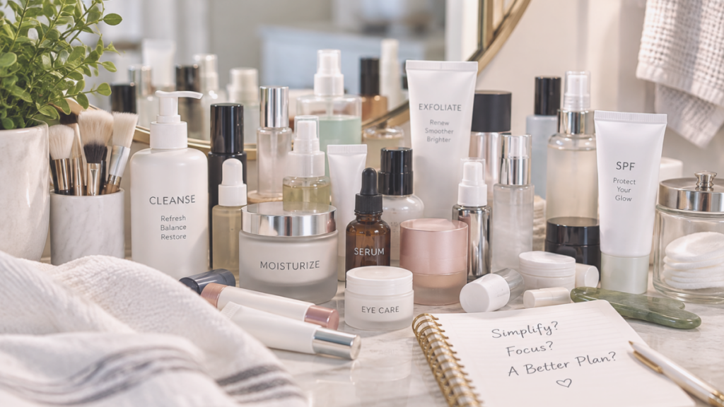 Many skincare products illustrating the challenge of choosing the right skincare routine